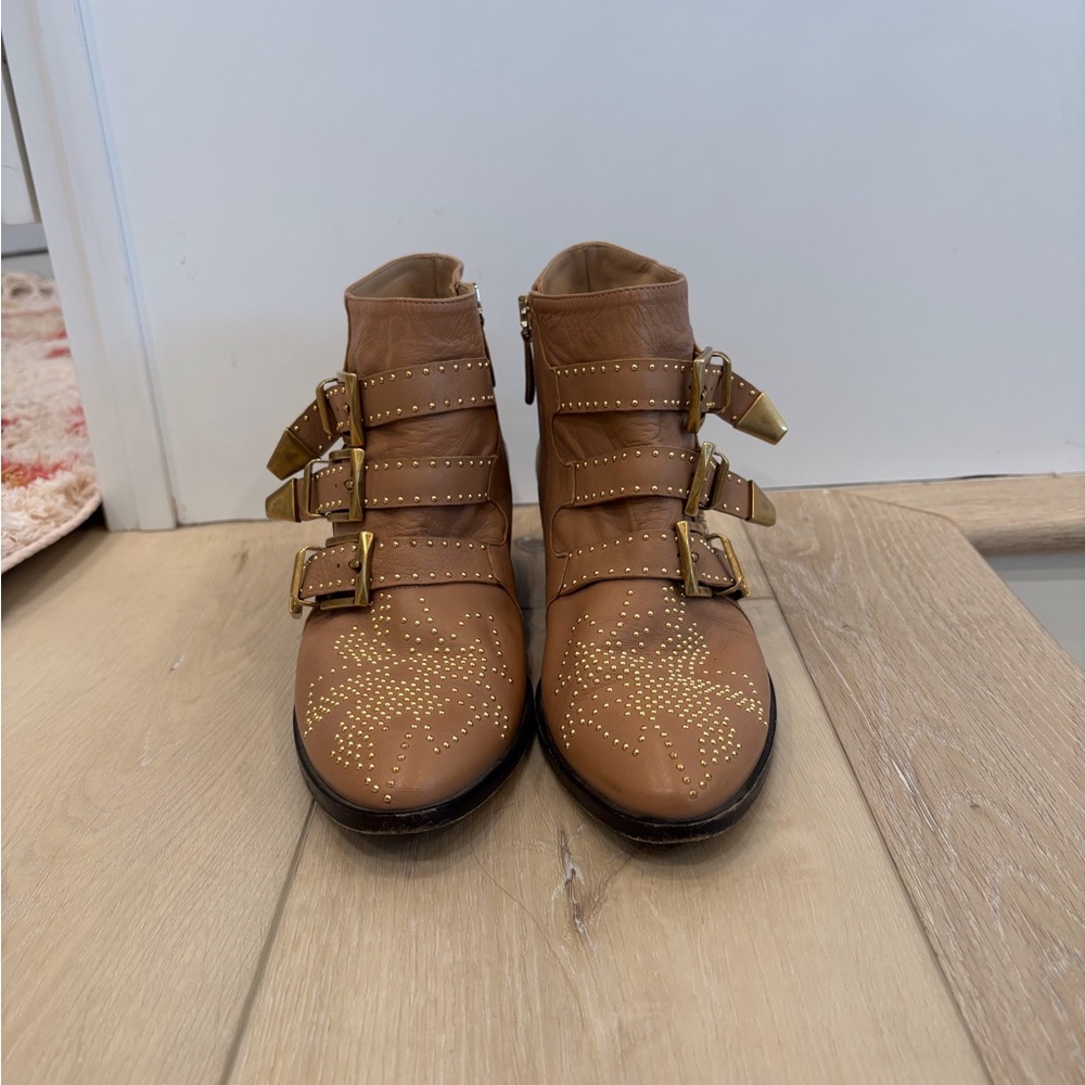 Chloe Studded Beige Ankle Boots with Buckles - Picture 3 of 6
